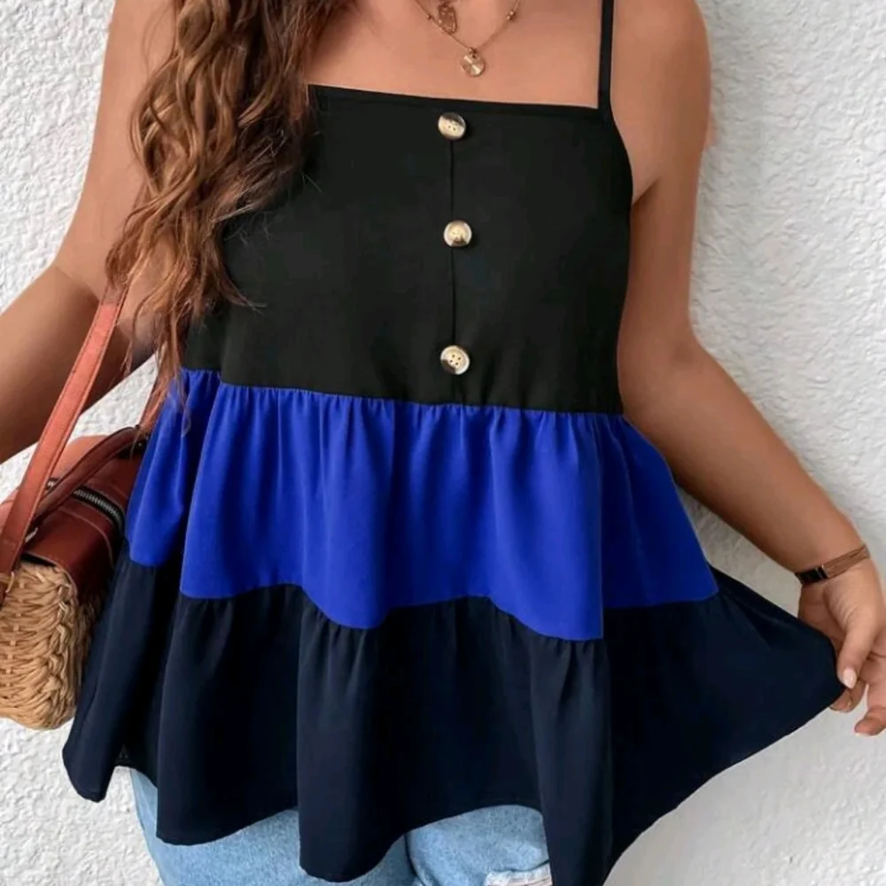 Colorblock Button Front Ruffle Hem Cami Top - Picture 4 of 5
